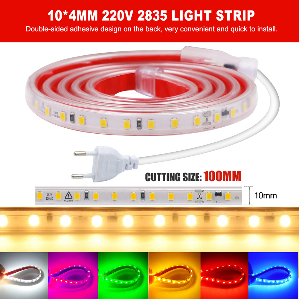 Tira de luces LED de 220V y 2835, Kit de alimentación de la UE, 120LED/m, CA 220 V voltios, iluminación de alto brillo, lámpara de diodo de cinta Led Flexible, resistente al agua