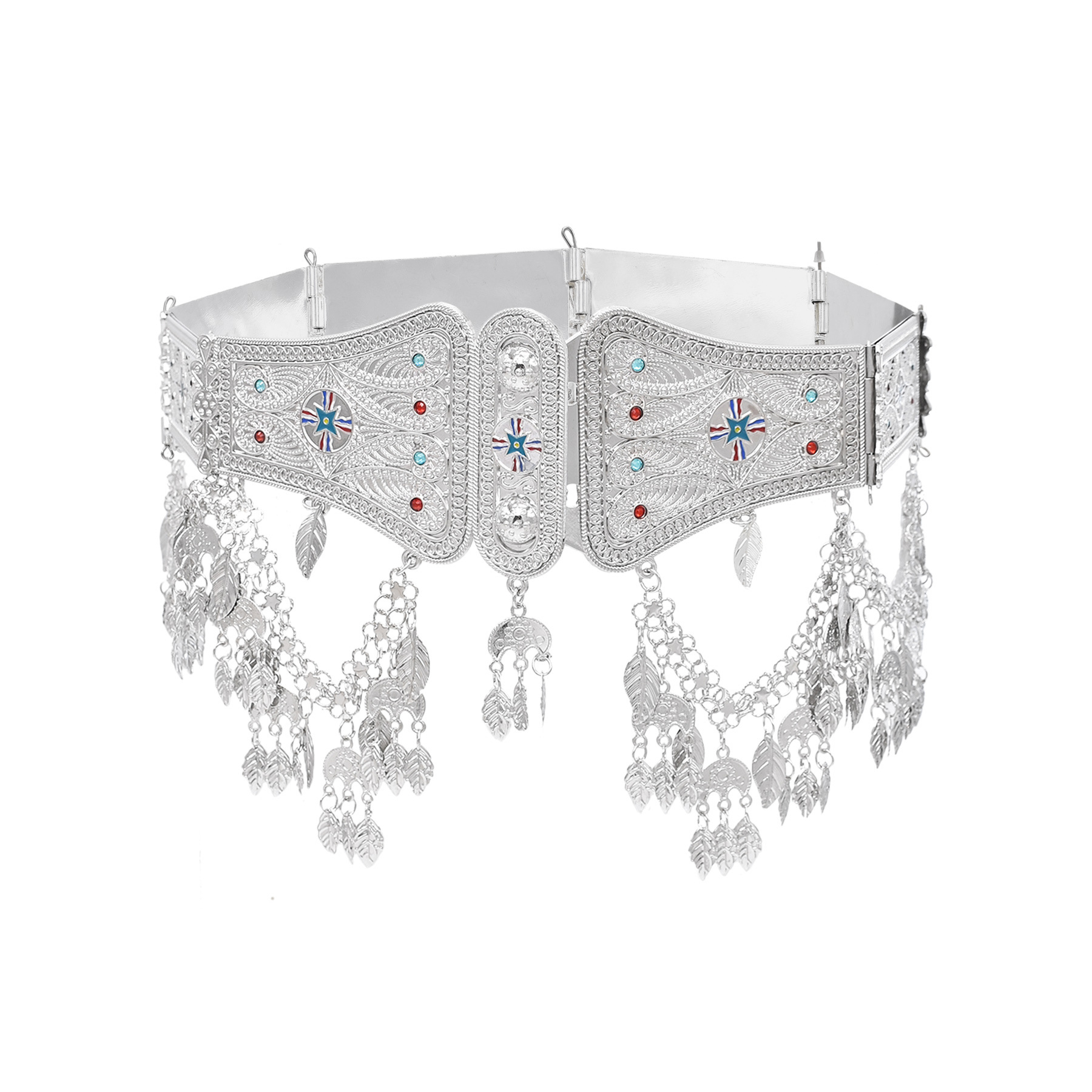 Silver Plated Leaf Tassel Assyrian National Flag Pattern Belt Necklace for Women Vintage Ethnic Belly Chains Body Jewelry Set