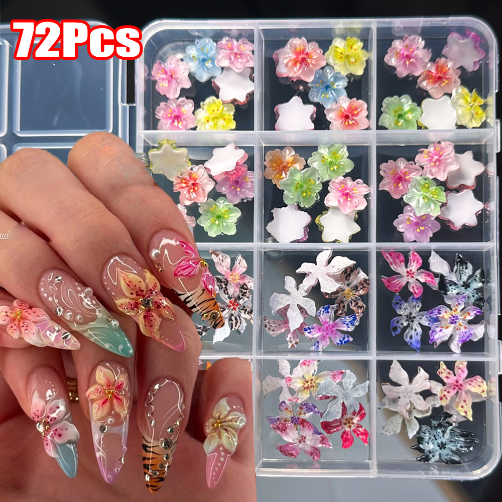 72Pcs 3D Crystal Jelly Soft Spotted Flower Nail Charms Transparent Leopard Lily Hibiscus Hawaiian Floral Nail Decor Nail Supplie