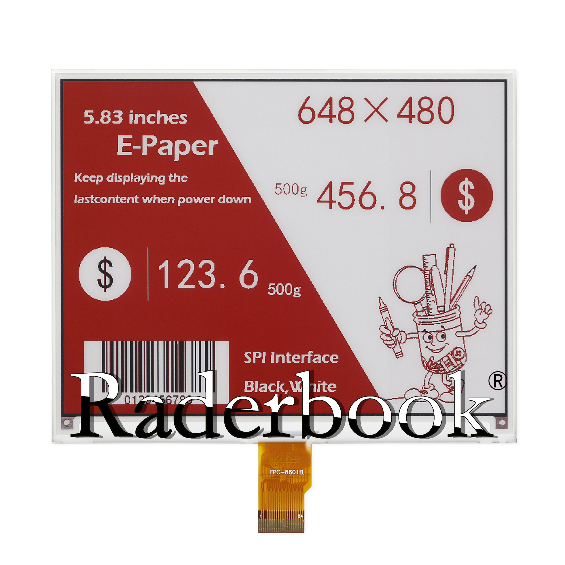 หน้าจอ E-Ink 24Pin ขนาด5.83นิ้ว FPC-8601B อินเทอร์เฟซ SPI 648x480สีดำสีขาวและสีแดง