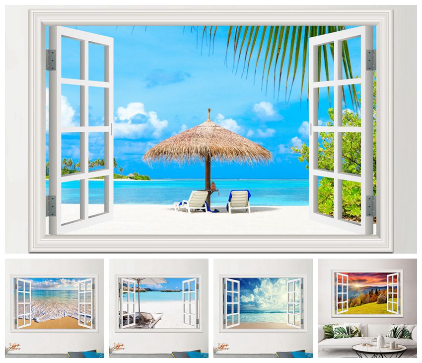 Pegatina de pared con vista de ventana 3D, murales de pared de árbol de coco de playa de verano, arte impreso extraíble, póster en lienzo para sala de estar