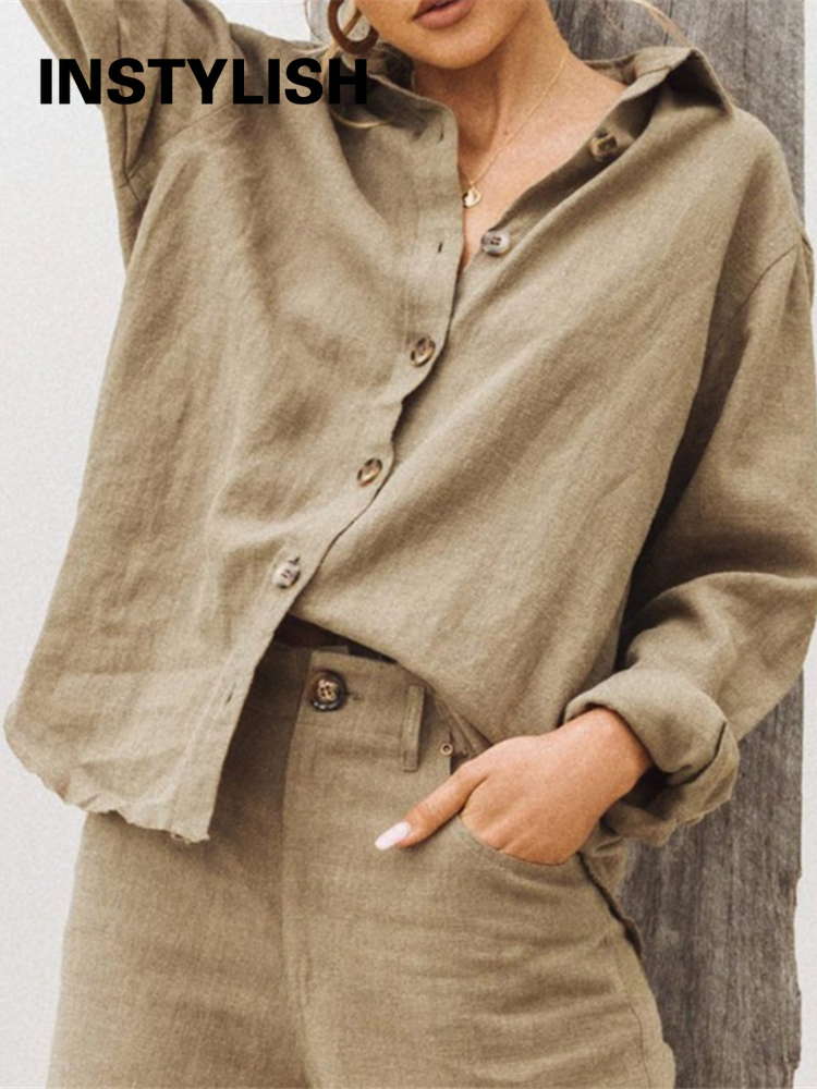 Casualowa bawełniana lniana bluzka z długim rękawem Elegancka damska bluzka w stylu vintage Harajuku Zapinana na guziki koszula Streetwear Oversized Tops