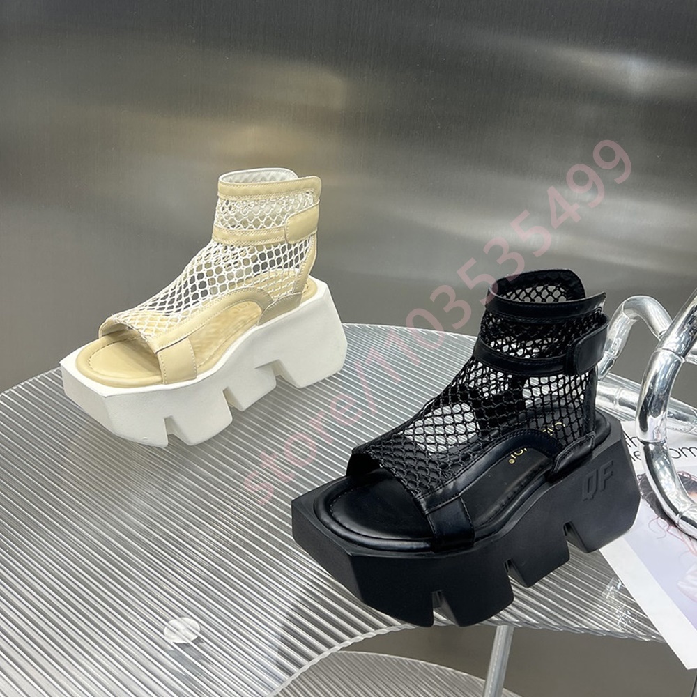 2026 Mesh Cutout Platform Sandalen Dames Verstelbare Gesp Enkelband Geometrische Dikke Zool Open Teen Streetwear Zomerschoenen