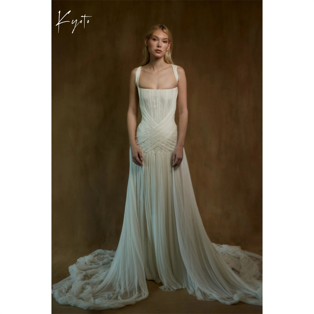 Kyoto-vestido de novia blanco personalizado con cuello cuadrado, sin mangas, con cordones en la espalda, corte en A, cola de corte, vestido de noche