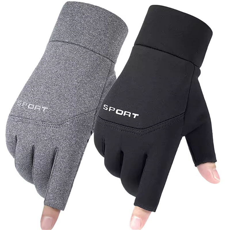 Guanti da pesca invernali da uomo Guanti da ciclismo caldi antiscivolo per la pesca Sport Touch Screen Due dita tagliate Pesca all'aperto