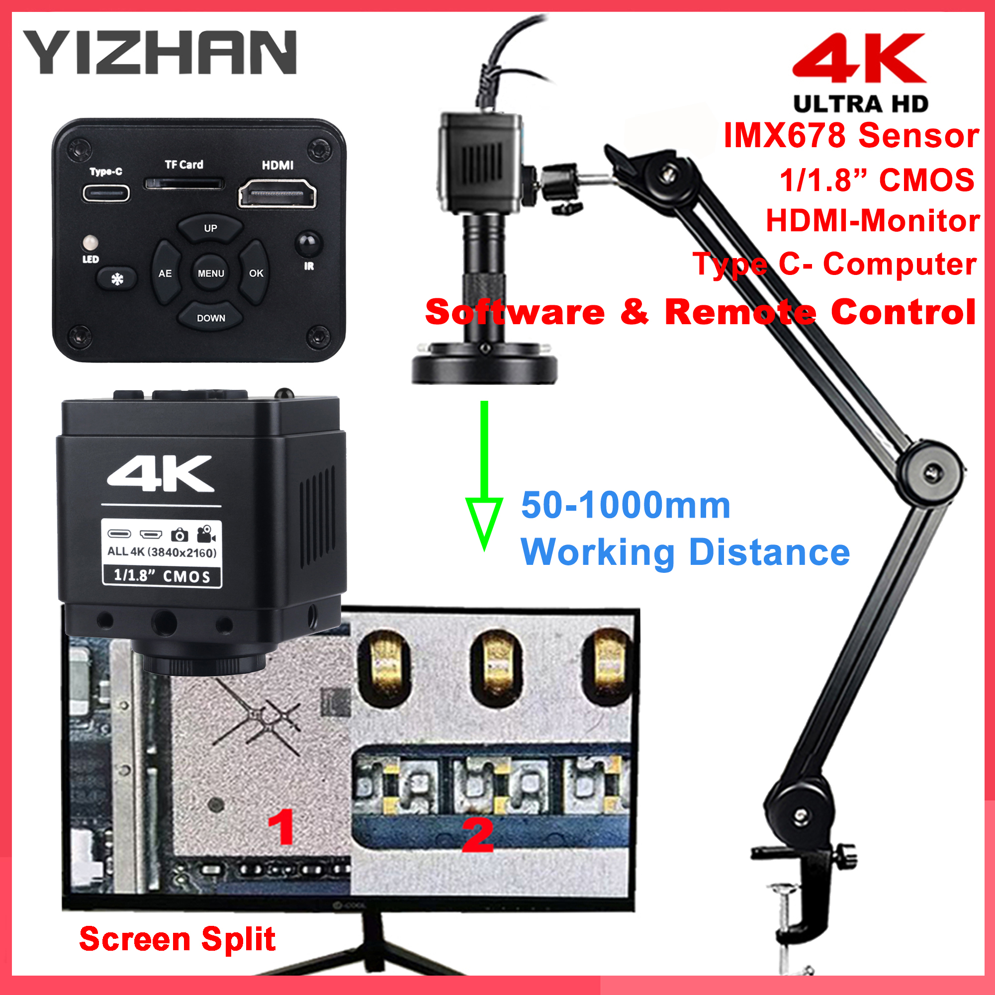 Yizhan Full 4K HD Цифровой микроскоп с HDMI и USB, видеомикроскоп с сенсором IMX678/IMX415/IMX327, камера с 1-150-кратным зумом для пайки печатных плат