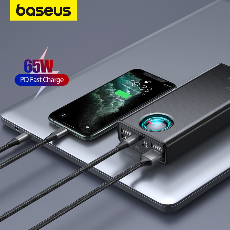 Power Bank Baseus 65W 30000mAh PD Быстрая Зарядка FCP SCP Портативное Внешнее Зарядное Устройство для Смартфонов, Ноутбуков, iPhone, Планшетов
