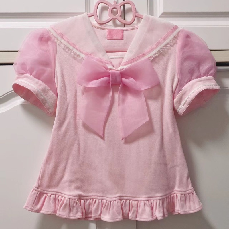 Футболка в японском субкультурном стиле Sweet Girl с бантом, короткий рукав, темно-синий воротник, в стиле преппи, женские розовые топы Kawaii