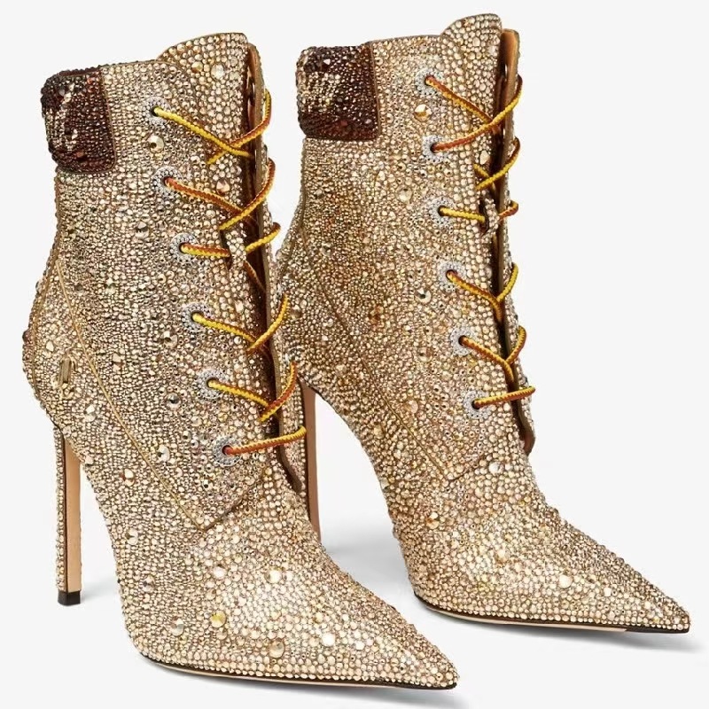 Bottines ornées de cristaux dorés pour femmes, talon aiguille détaillé à lacets, Style Glam Bold pour les tenues de soirée d'automne/hiver