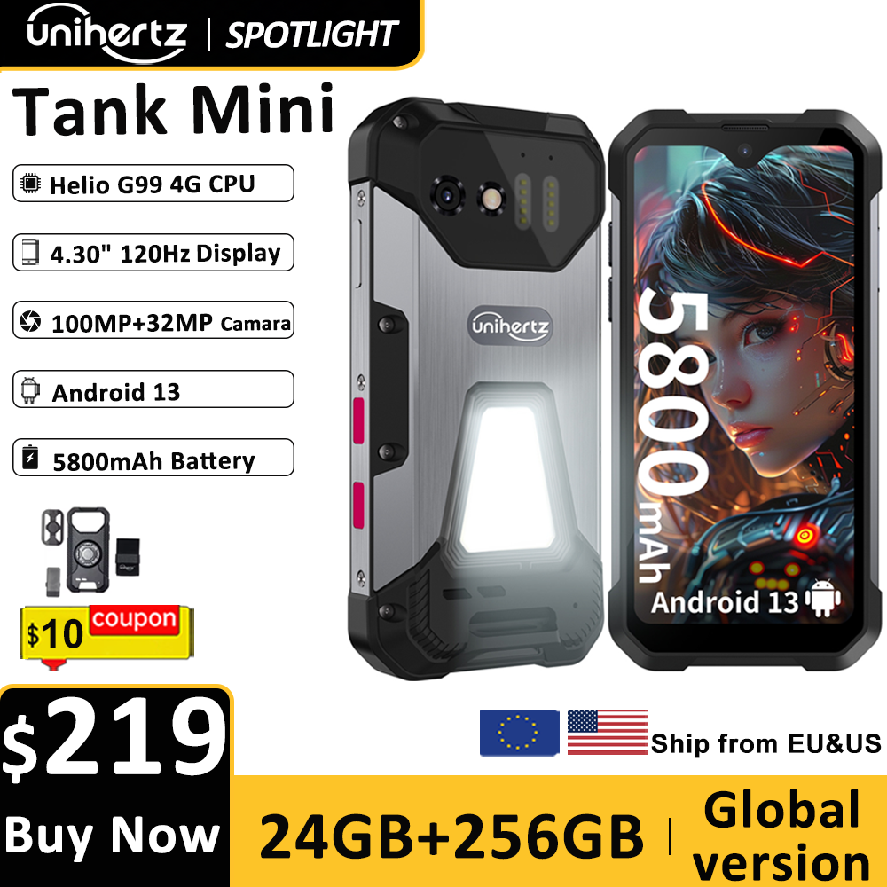 Unihertz 8849 Tank Mini Rugged Smartphone 4.3 Inch Display Android 13 5800mAh 24GB 256GB Helio G99 Octa Core 100MP Cameras IP68