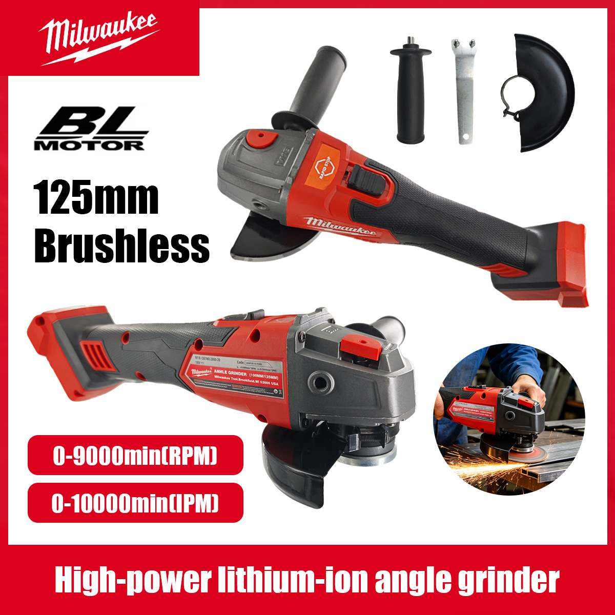 Amoladora Angular Milwaukee de 125 mm, Máquina de Pulir y Cortar sin Escobillas, Interruptor de Palanca sin Bloqueo, Herramientas Eléctricas Inalámbricas