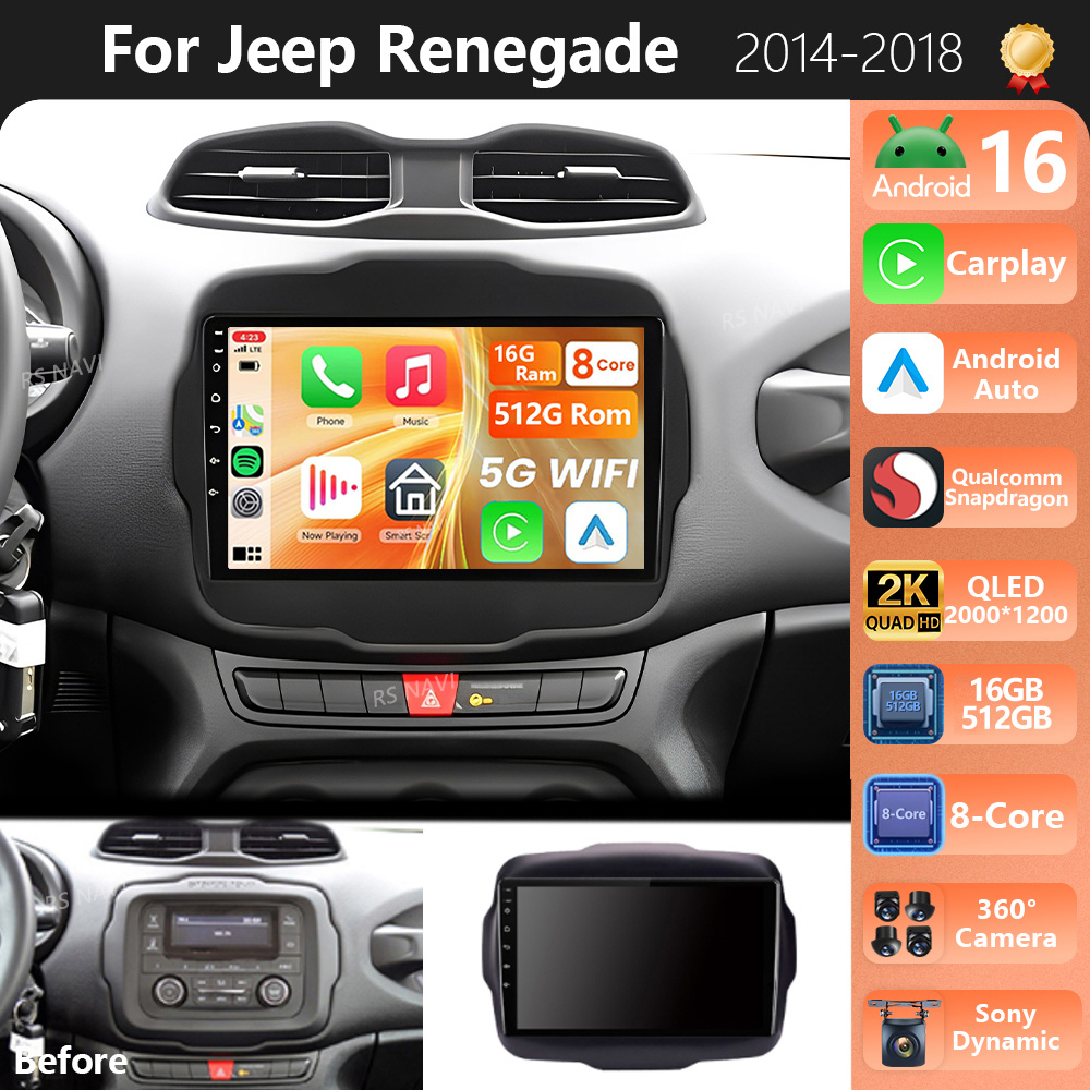Plug-and-Play Android 16 für Jeep Renegade 2016 - 2020 2K QLED Android Autoradio Multimedia-Videoplayer GPS AI Sprachsteuerung CarPlay