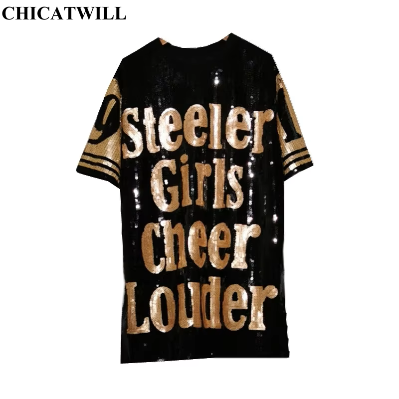 Chique ins europeu americano carta preto retalhos lantejoulas camiseta mulher jérsei festa do punk meninas soltas mangas curtas t vestido