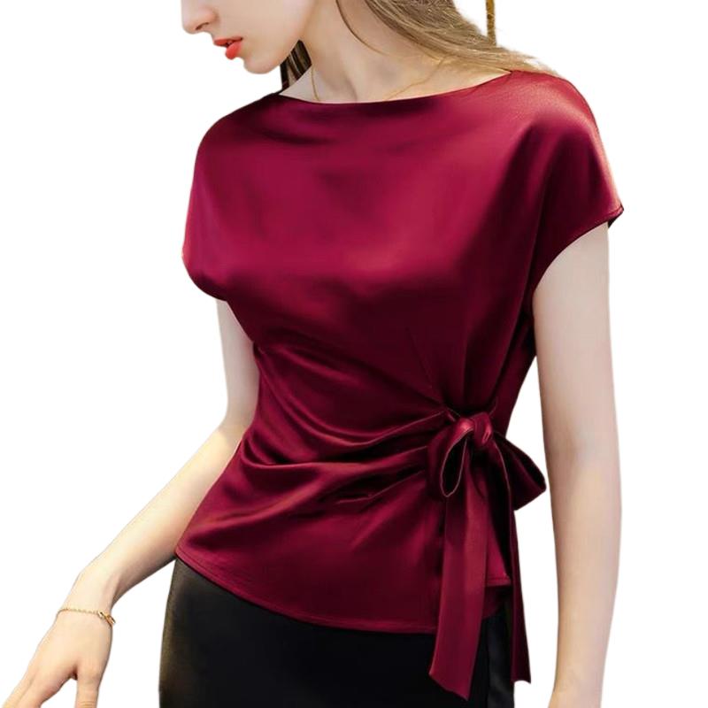Kemeja Kantor Wanita Sifon Merah Hitam Putih Kemeja Renda Sutra Satin Korea Baru Blus Satin Asetat Leher Perahu Antik Wanita