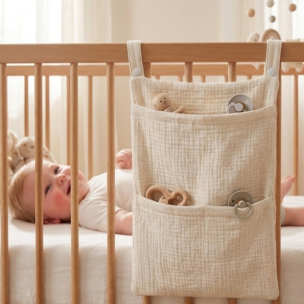 Tas Penyimpanan Gantung Organizer Tempat Tidur Bayi Tas Penyimpanan Gantung Kantong Samping Tempat Tidur Bayi Kain Kasa Katun Muslin Baru