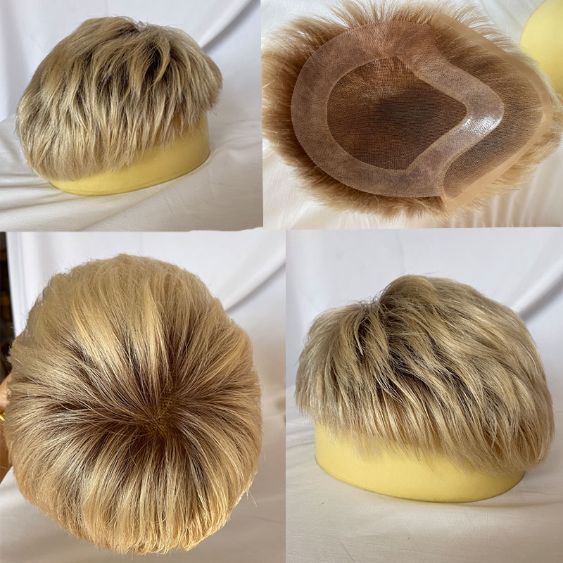 Herren-Toupet mit 3-Zoll-Kurzhaartrimmung, Echthaar-Perücke mit Schweizer Spitzenfront, PU-Haarteil 8x10 Omber 613 #   Color Systems Schwarzes Haarteil