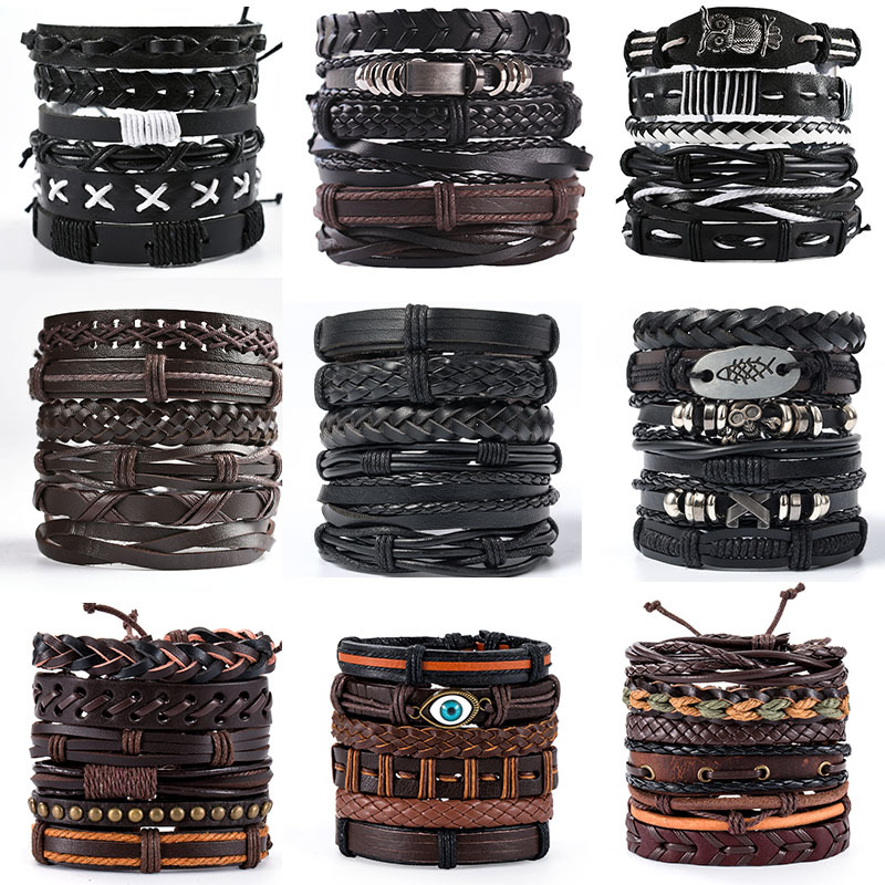 Skórzana bransoletka w stylu vintage dla mężczyzn tkany zestaw ozdoba bransoletka w stylu Punk męska Combo DIY wielowarstwowa bransoletka z amuletem biżuteria