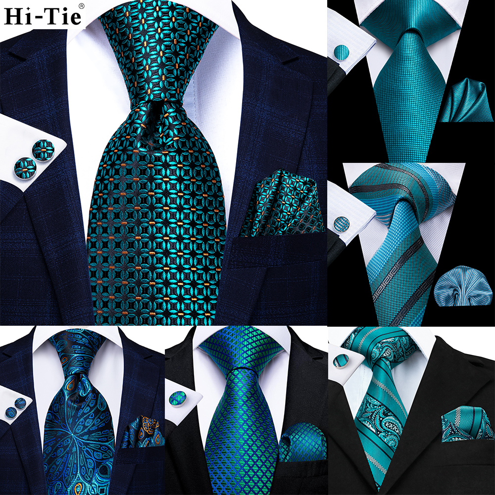 Hi-Tie Teal Blue Dot Bergaris Desain Dasi Pernikahan Sutra untuk Pria Sapu Tangan Kancing Manset Hadiah Pria Set Dasi Pesta Bisnis Dropshipping