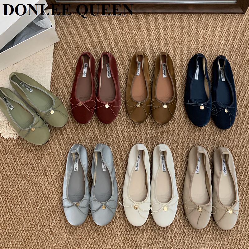 Damskie baleriny 2025, nowa moda, płaskie, okrągły nosek, kokarda, wsuwane, miękkie mokasyny, codzienne mokasyny, eleganckie buty damskie.