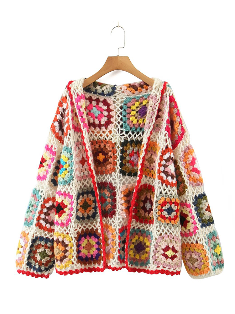 YENKYE Nuovo cardigan con cappuccio lavorato a maglia all'uncinetto fatto a mano da donna autunno maglione lavorato a maglia Boho femminile a maniche lunghe multicolore vintage