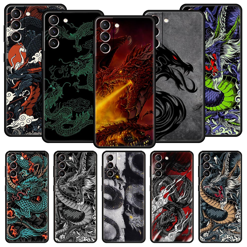 Casing Ponsel Naga untuk Samsung Galaxy S25 S24 S23 FE S22 Ultra S20 S21 5G S10 Plus S10E Sampul Hitam Lembut