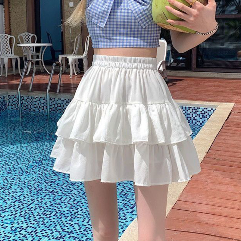 จีบ A-Line กระโปรงผู้หญิงสีขาว Ruffle หวานฉัตรสวยสไตล์กระโปรงเอวยางยืดฤดูร้อน Slim Basic เกาหลี Harajuku ชุด