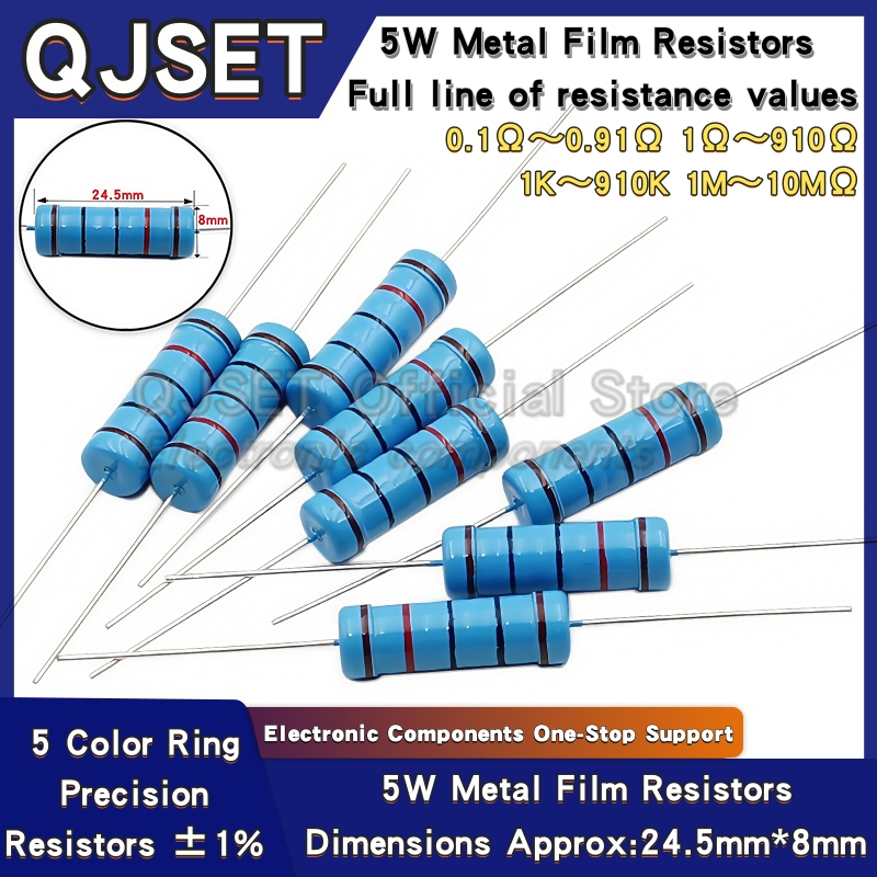 10pcs 5W Metal Film Color Ring Resistors 1% 5W 10R 47 100 200 220 470 510 Ohms 1K 4.7K 10K 47K 100k 200k 220k 510k 470k 10M Ohms