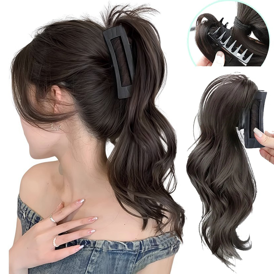 Peluca de cola de caballo larga y rizada sintética para mujer, extensiones de cabello con Clip de media cascada, elegantes