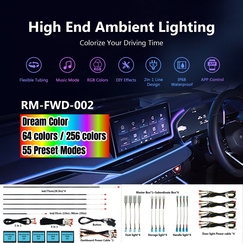 ชุดไฟสร้างบรรยากาศในรถแบบสากลพร้อมการควบคุมแอปไร้สาย256 RGB สีฝันและ55โหมดที่ตั้งไว้ล่วงหน้าอุปกรณ์เสริมไฟส่องเท้านีออน