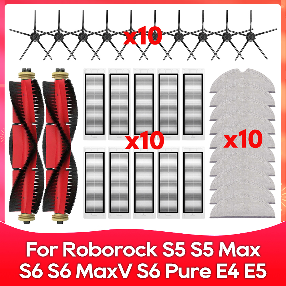 Compatible para ( Roborock S5, S5 Max, S6 MaxV, S6 Pure, E4, E5, S51, S52, S55 ) Rodillo Cepillo Lateral Filtro Trapo Accesorios