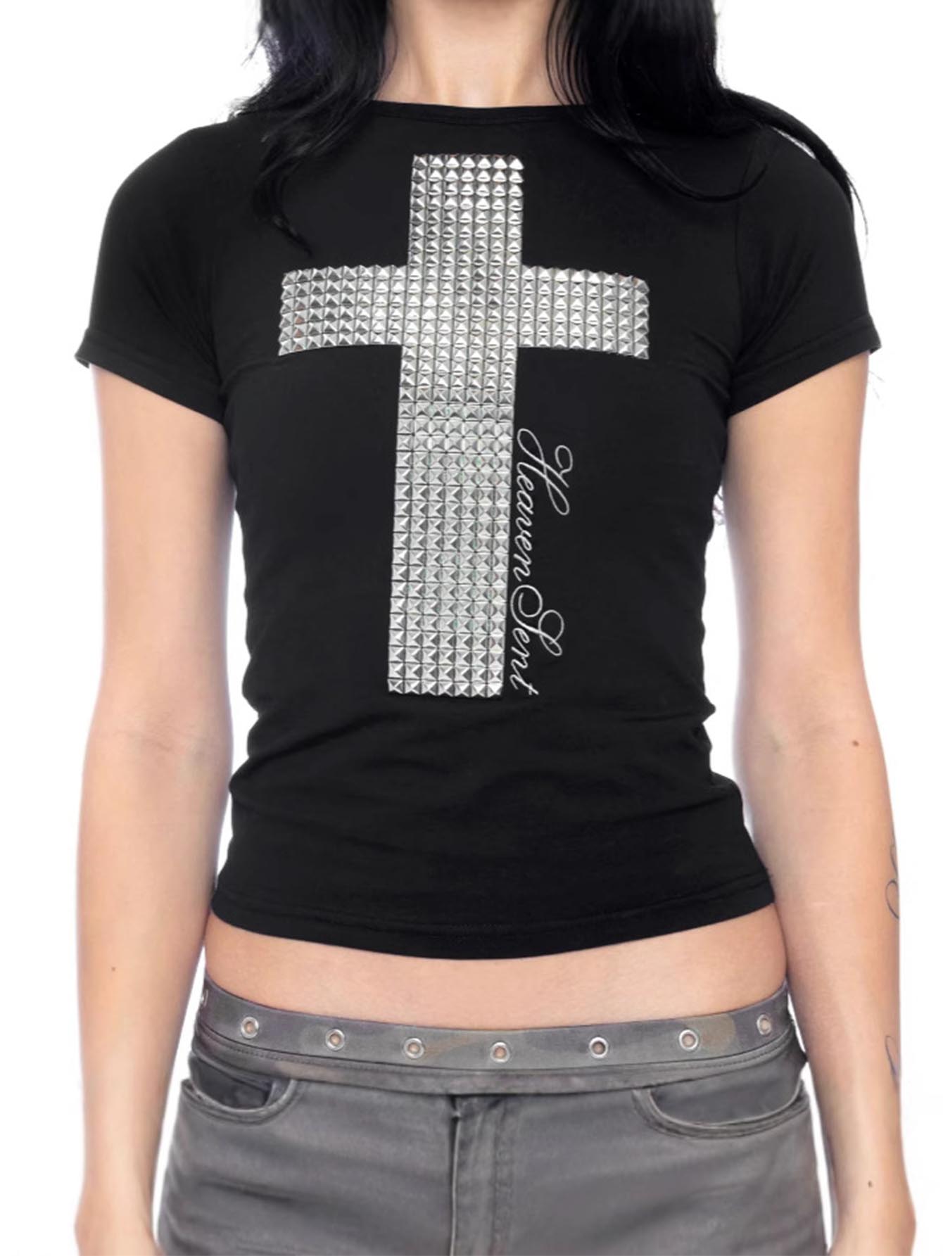2026 Damen Y2K Retro Hot Girl T-Shirt mit Kreuz-Strass-Verzierung, Slim Fit Kurzarm, Modische Neue Streetwear-Oberteile