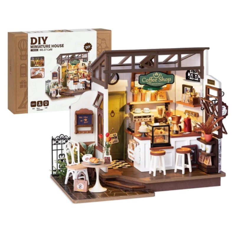 Robotime DIY drewniany zestaw do domku dla lalek z miniaturowym zestawem do budowania modeli mebli z diodą LED dla dorosłych i dzieci nr 17 kawy