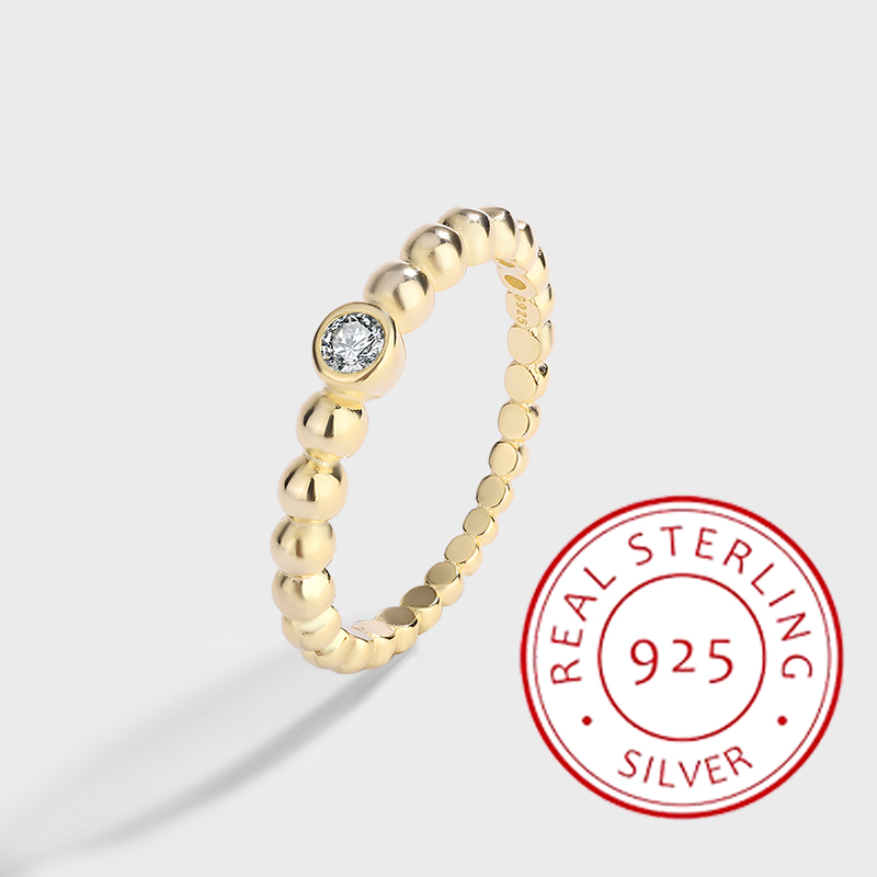 Bague en argent S925 authentique et polyvalente pour femmes, à la mode, en or 14 carats, avec perles de haricots empilées