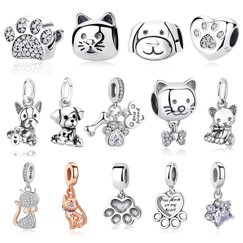 Abalorios de plata de ley 925 originales, colgante con estampado de pata de perro y gato, compatible con pulseras de marca, collares, joyería DIY para mujer