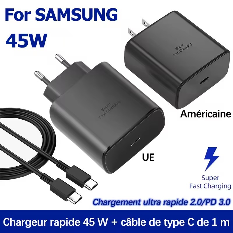 Szybka ładowarka 45W USB C do Samsunga, PD Quick Charge 3.0, ładowarka ścienna do Galaxy Plus, kabel USB Type C do ładowania telefonów komórkowych
