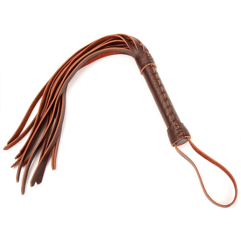 Látigo de caballo de cuero genuino marrón, 49CM, látigo de toro corto, mango de látigo de equitación de cuero de vaca con correa para la muñeca