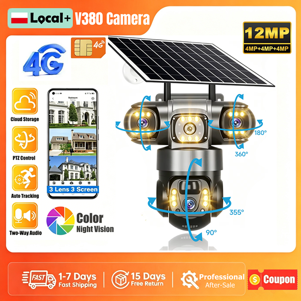 Solar-Kamera 4G SIM Outdoor 3 Linsen 3 Bildschirme PIR Menschenerkennung Kameras 10-fach Zoom Wasserdicht Nachtsicht CCTV Sicherheitsschutz