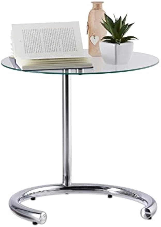 Mesa Auxiliar de Altura Regulable hasta 70 cm, Mesita Café, Acero Cromado-Cristal, Superficie 46 cm, Plateado
