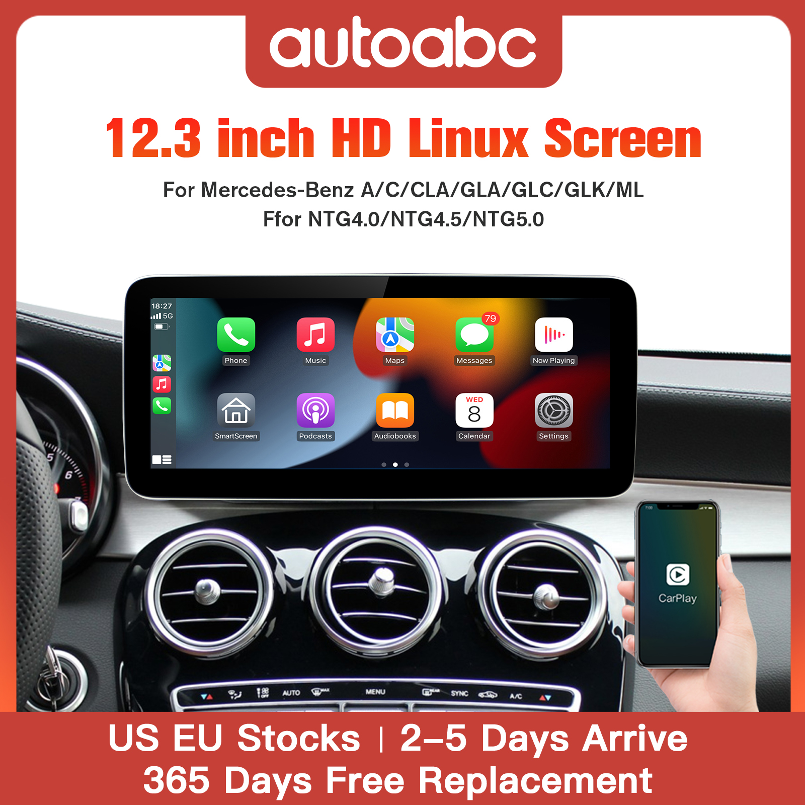 Carplay nirkabel/Android otomatis 12.3 inci, penerima Radio Multimedia layar sentuh untuk Mercedes Benz GLA CLA GLC GLK ML W205 W176 C117