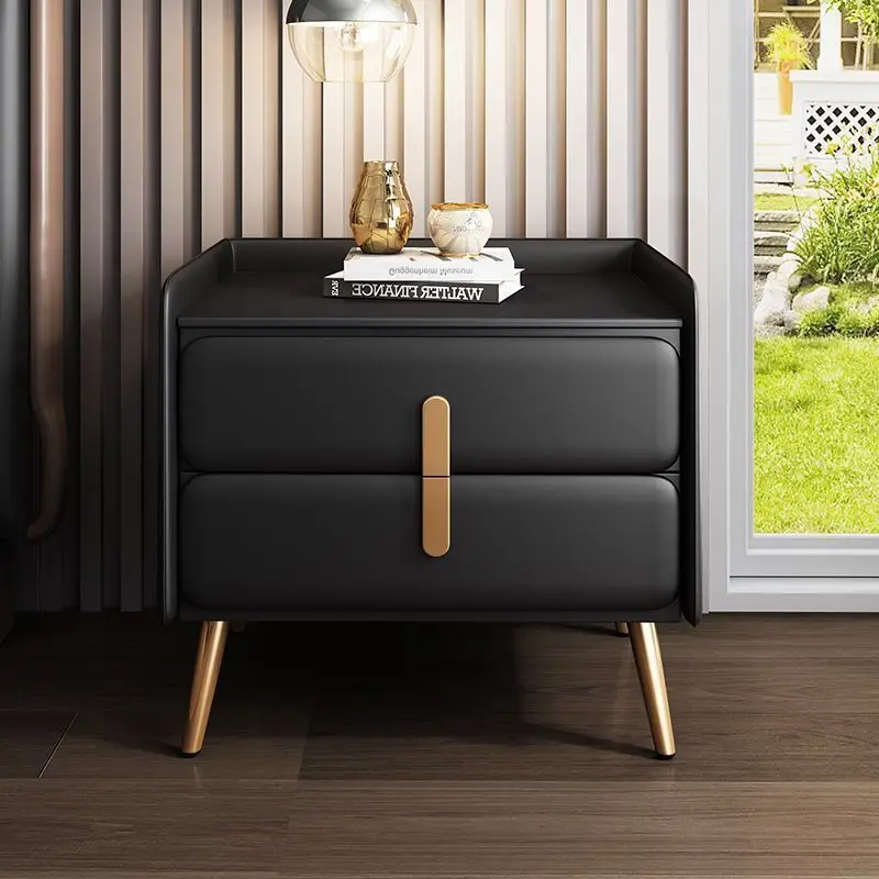 Bedside Table Premium Light Luxury Simple Solid Wood Home Leather Modern Locker Bedroom Slate Storage Cabinet Bedside Cabinet