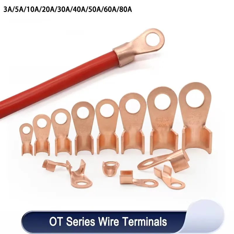 Wire Terminal OT Type 3A 5A 10A 20A 30A 40A 50A 60A 80A Red Copper Bare Nose Lugs Crimp Open Mouth Cable Crimp Terminals