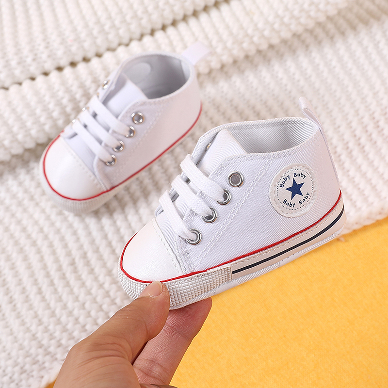 0-18 meses bebê lona clássico sapatos esportivos recém-nascidos meninos e meninas impresso estrela primeiros caminhantes sapatos infantis anti deslizamento sapatos de bebê