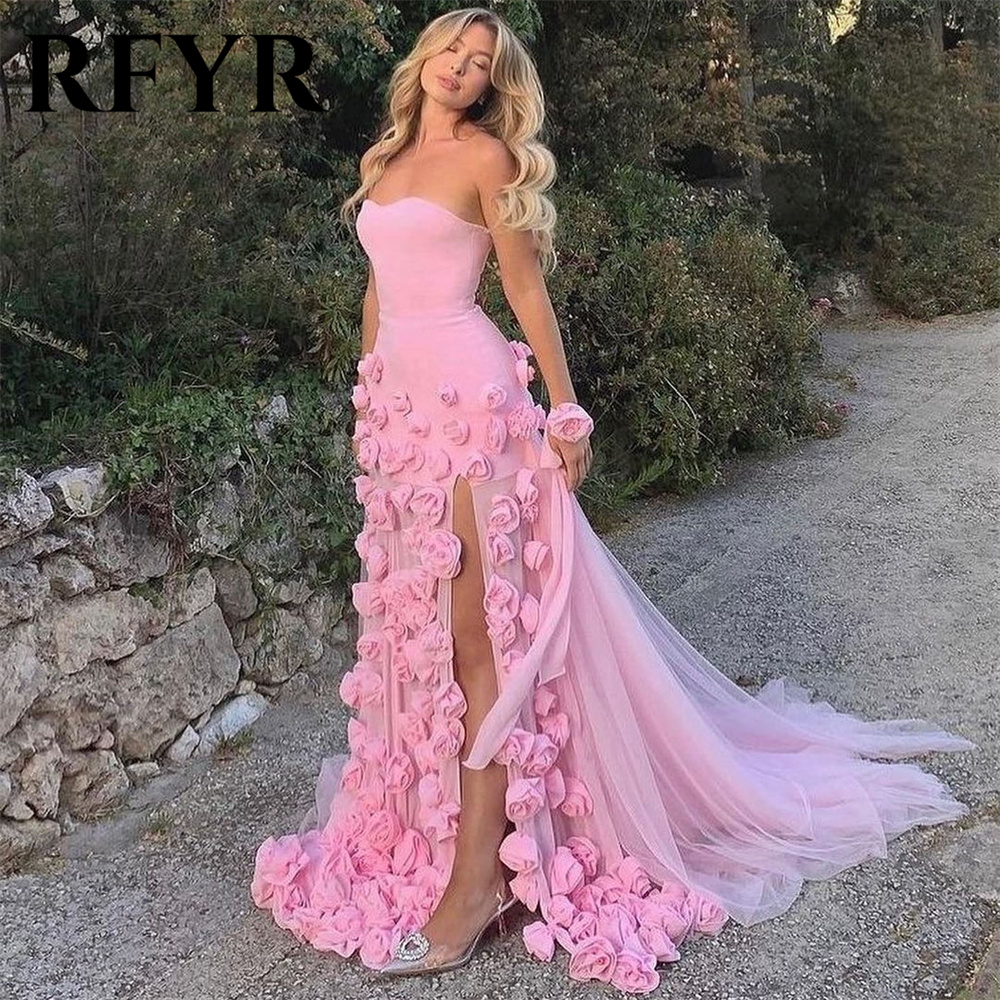 Rfyr rosa sereia encantador vestido de baile flor 3d vestido formal sem mangas vestido de noite com fenda lateral vestidos de noche personalizado