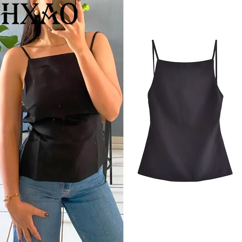 HXAO Sexy Women Slip Top Backless Lady Top 2024 Summer New Square Collar Camisole Solid Fashion Casual Chic Women Clothing