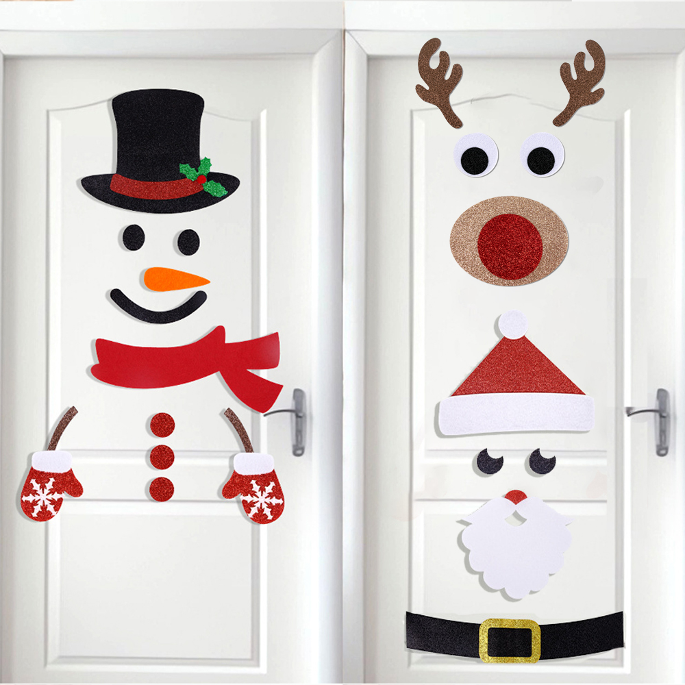 Pegatinas navideñas para puerta y ventana, tela de fieltro, muñeco de nieve de dibujos animados, Papá Noel, alce, pegatina de pared para invierno, Navidad, Año Nuevo, decoración