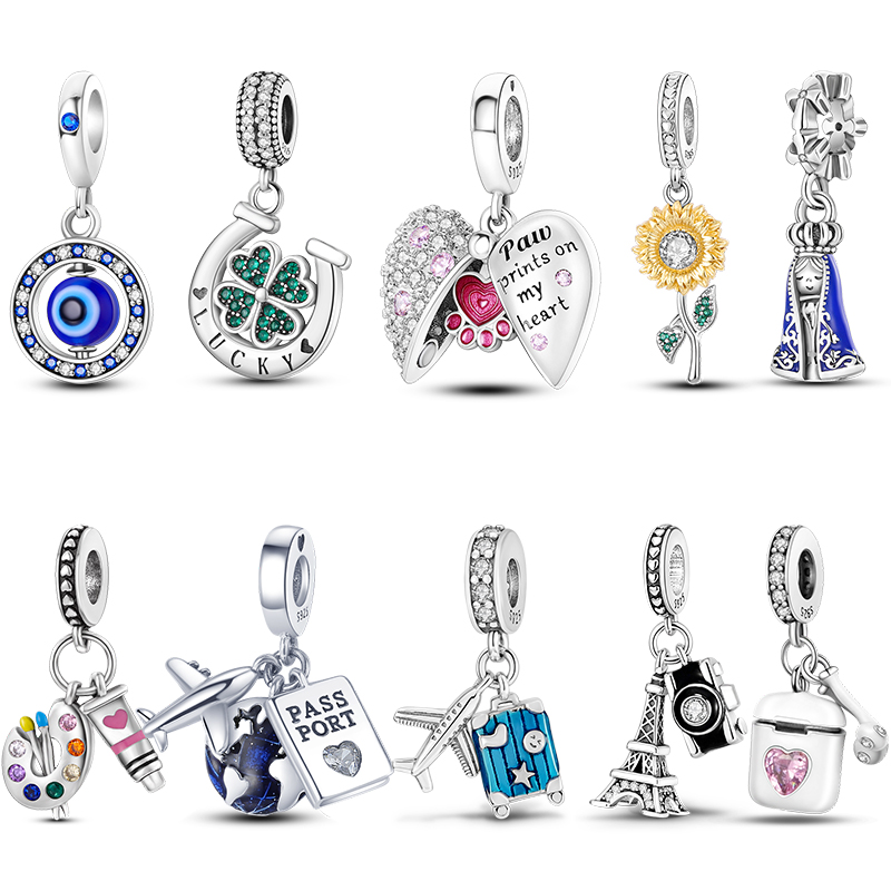 Original Charms ลูกปัดเงิน Travel ดอกทานตะวัน Lucky Four Leaf Clover Charms จี้สําหรับผู้หญิง DIY สร้อยข้อมือทํา
