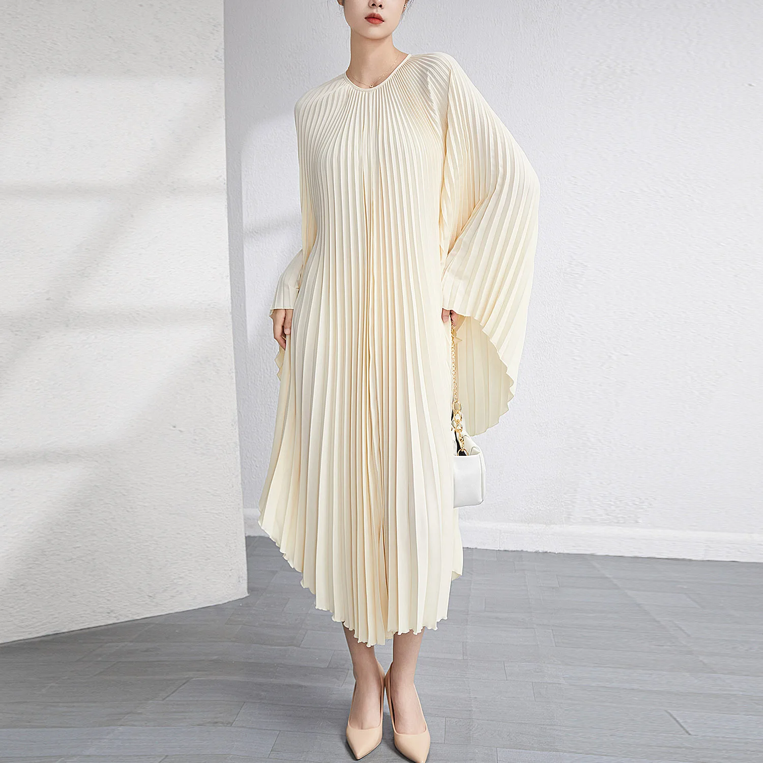 Miyake-vestido plisado Irregular para mujer, falda elegante de Color que cubre la carne, media y larga, a la moda, reductor de edad, 2022