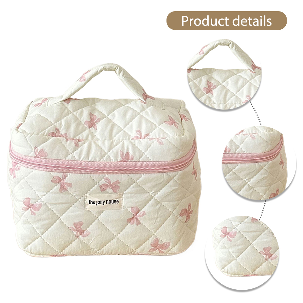Niedliche Schleife, Reise-Make-up-Tasche mit Reißverschluss, Kulturbeutel, Baumwolle, gesteppt, Make-up-Organizer, Aufbewahrungstasche für Frauen und Mädchen