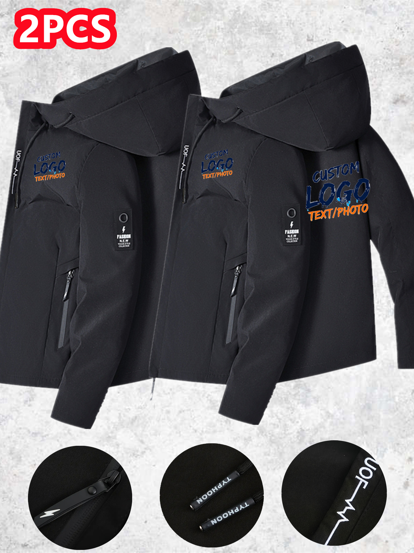 Heren 2-delige jas met aangepast logo, patroon en print op borst/rug, capuchon flight jacket - gepersonaliseerde merk ritsjas