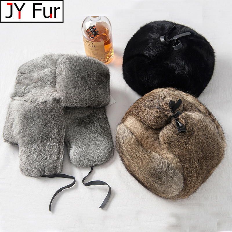 Thỏ Vải Lông Man Mùa Đông Chính Hãng 100% Lông Máy Bay Ném Bom Mũ Chống Gió Ấm Tai Nam Phẳng Xám/Đen Nga Nón trang Bị Casquette